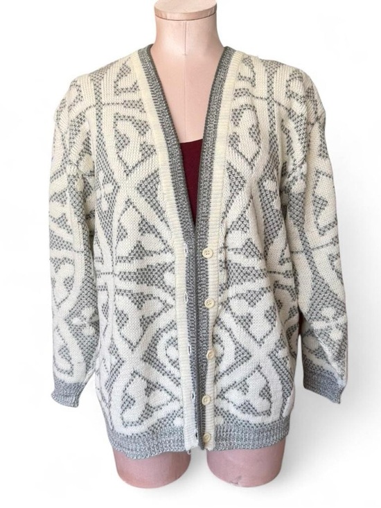 Partners by Mervyn’s Sweaters - 90s Gray & White Knit Patterned Grandpa Cardigan Sweater